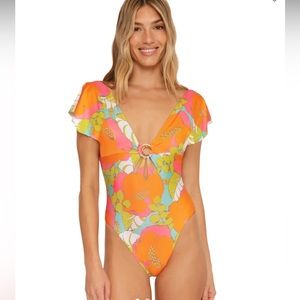 Trina Turk Floral Playa De Flor Flutter Sleeve One Piece Suit New Size 10